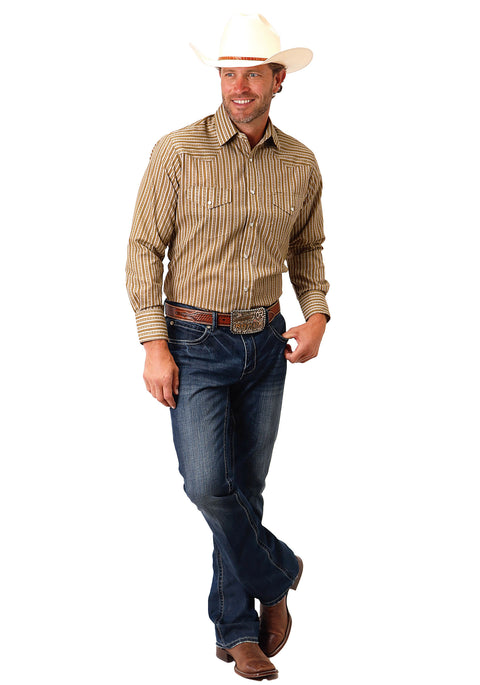 Roper® Men’s Brown & Cream Vintage Stripe Print Long Sleeve Snap Western Shirt