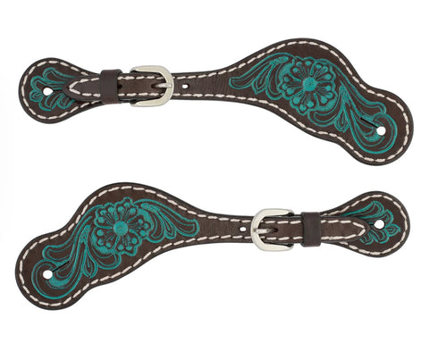 Western spur straps with black and teal flowers on a white background