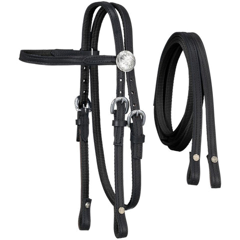 Black bridle and reins on a white background