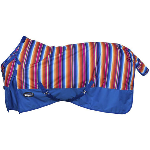 Tough-1 horse blanket with a blue, orange, and white striped pattern on a white background