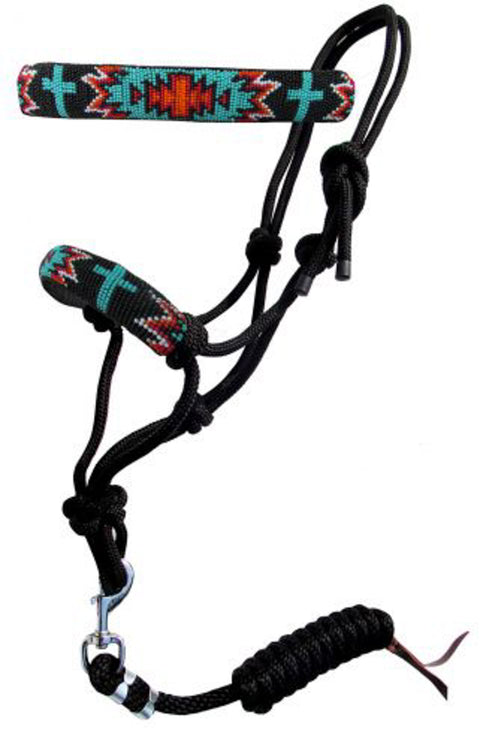 Showman® Turquoise & Red Southwestern Cross Beaded Nose Cowboy Knot Rope Halter with Lead