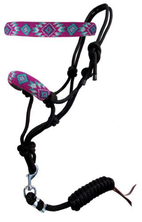 Showman® Hot Pink & Teal Beaded Nose Cowboy Knot Rope Halter with Lead