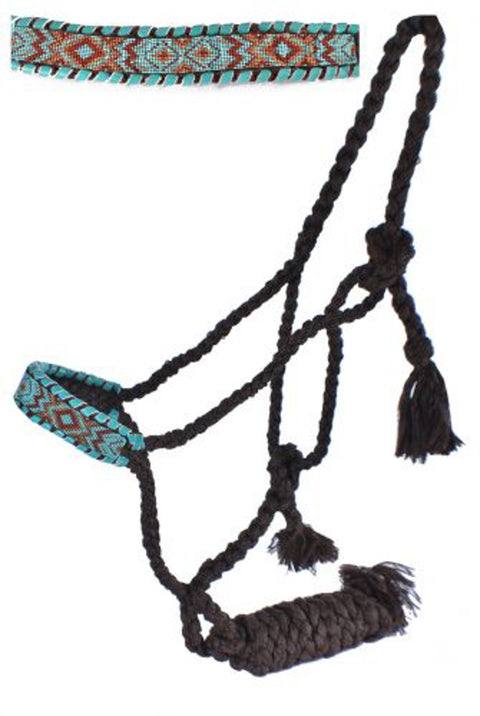 Showman® Woven Brown Nylon Mule Tape Halter, Teal & Gold Beaded Nose, with Lead