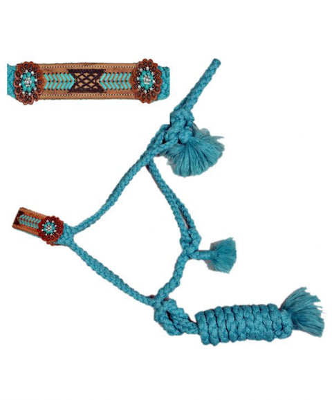 Showman® Woven Turquoise Nylon Mule Tape Halter, Tooled Leather Nose, with Lead