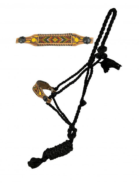 Showman® Woven Black Nylon Mule Tape Halter, Beaded Nose with Black Rawhide, with Lead