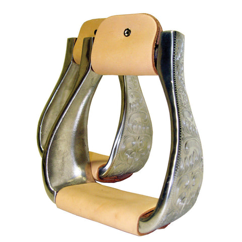 Aluminum Engraved Roping Stirrups with Wide Leather Band