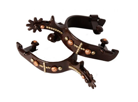 Showman® Brown Steel Spurs with Copper Studded Cross & Gold Studs