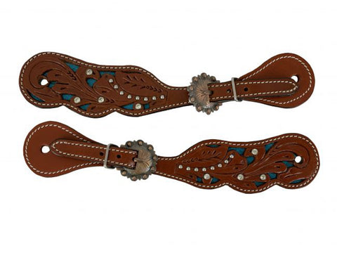 Showman® Ladies’ Floral-Tooled Spur Straps with Rhinestones, Studs & Teal
