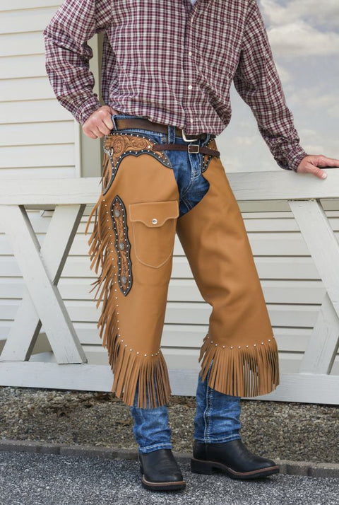 Tough1® Premium Leather Chinks with Floral Yoke & Pocket