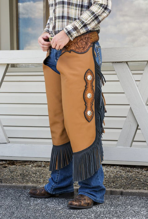 Tough1® Premium Leather Chinks with Floral Yoke & Double Fringe