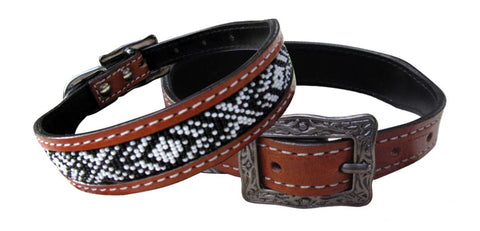Showman Couture™ Genuine Leather Dog Collar with Black & White Beaded Inlay