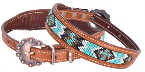 Showman Couture™ Genuine Leather Dog Collar with Beaded Inlay & Copper Buckle