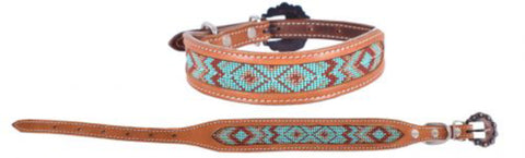 Showman Couture™ Genuine Leather Dog Collar with Beaded Inlay & Copper Buckle