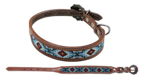 Showman Couture™ Genuine Leather Dog Collar with Beaded Inlay & Copper Buckle