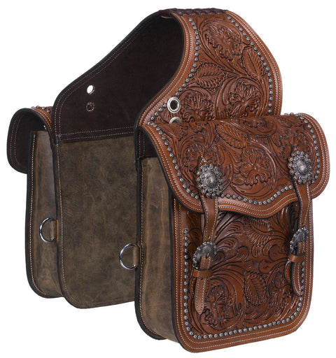 Leather Floral & Oak Leaf Tooled Saddle Bag