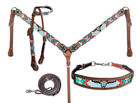 Showman® 4-Piece Longhorn Beaded Headstall, Reins, Wither Strap & Breast Collar Set