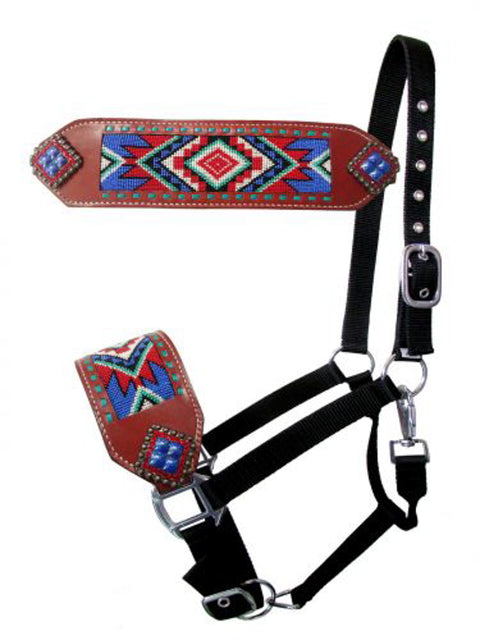 Showman® Nylon Bronc Halter with Navajo Beaded Design, Blue