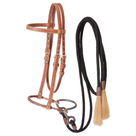 Harness Leather Headstall with Training Bosal & Cord Split Reins