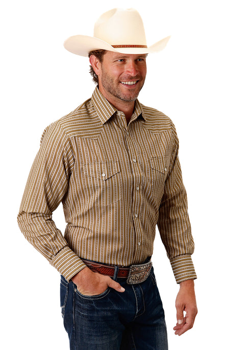 Roper® Men’s Brown & Cream Vintage Stripe Print Long Sleeve Snap Western Shirt