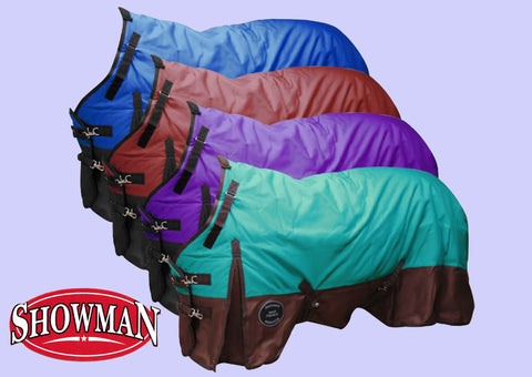 Four horse blankets in blue, red, purple, and green with a Showman logo on a light purple background.
