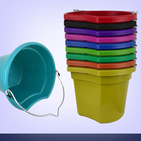 Set of colorful buckets with a blue bucket on a light purple background