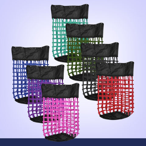 Set of colorful mesh hay nets with black tops on a light purple background
