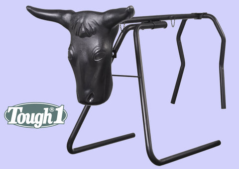 Black bull head mount on a stand with 'Tough 1' logo on a light purple background