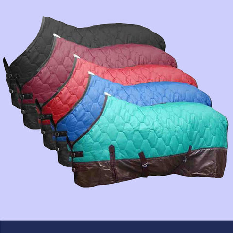 Four horse blankets in black, red, blue, and green on a light purple background