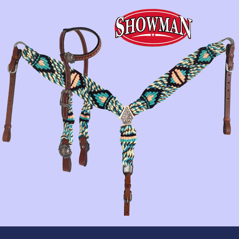 Showman horse bridle with braided design on a light purple background