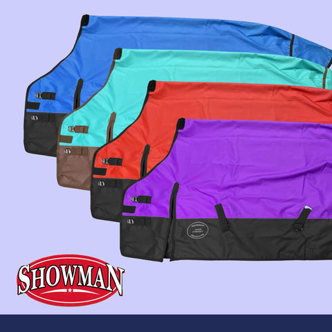 Showman horse blankets in various colors on a light purple background
